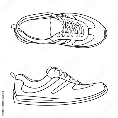 Hand drawn sneakers, gym shoes, side and top view. Doodle vector illustration.
