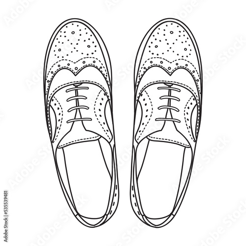 Vector hand drawing illustration with unisex brogue fashion shoes, top view. Doodle illustration