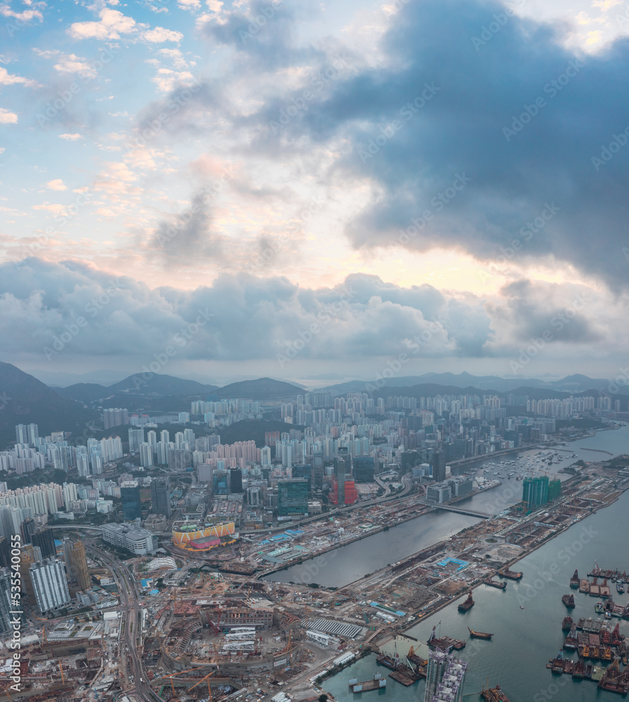 Naklejka premium Epic aerial panorama of downtown near Kai Tak, Kowloong, Hong Kong, daytime HDR
