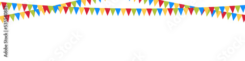 Party flags. Colorful garland. Happy birthday background. Carnival isolated banner. Hanging party flags line on white background.