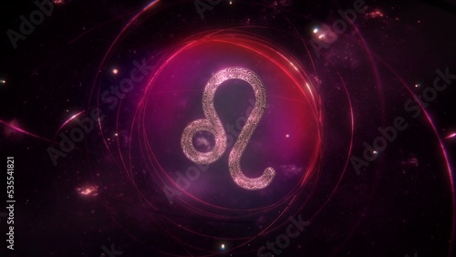 Leo zodiac sign as golden ornament and rings on purple violet galaxy background. 3D Illustration concept of mystic astrology symbol  social media horoscope calendar banner artwork and copy space.