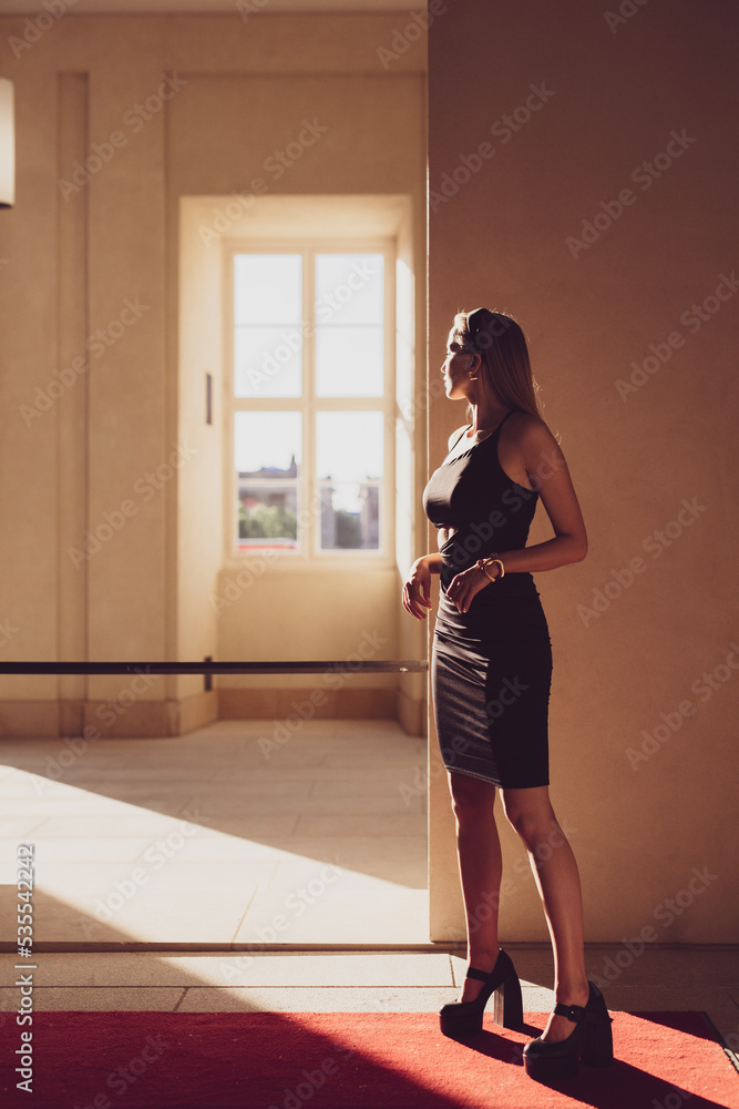 Blonde wunderschöne Frau in Schwarz Kleid Elegante Schuhe
