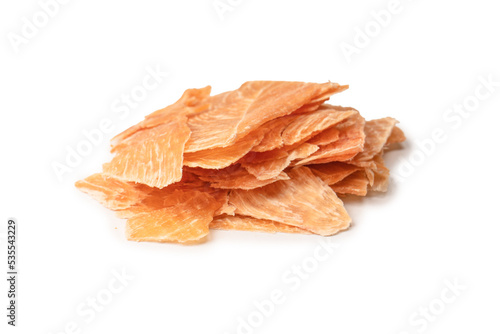 Group of tasty beer snacks. Dehydrated chicken meat slices.