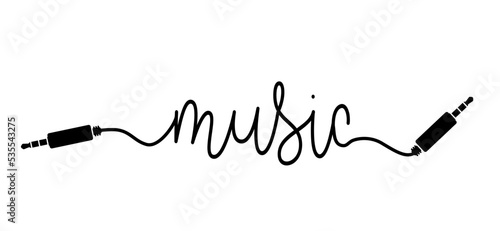 Cartoon audio jack plug, 35 mm. Stereo audio cable, jack connector. Vector music sound note. Audio element or tools. Plug wire logo or symbol. Wave line pattern.