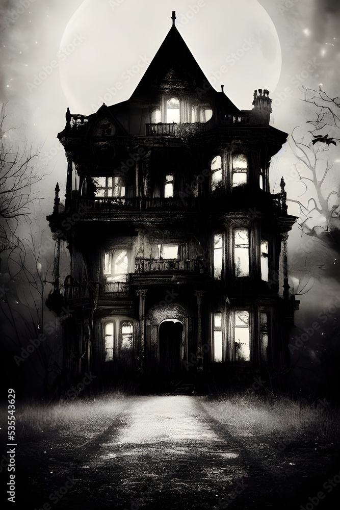 Obraz premium Full moon shines over a creepy haunted house. 