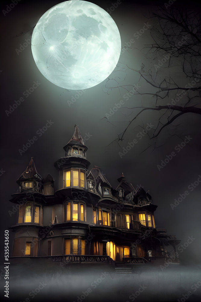 Fototapeta premium Full moon shines over a creepy haunted house. 