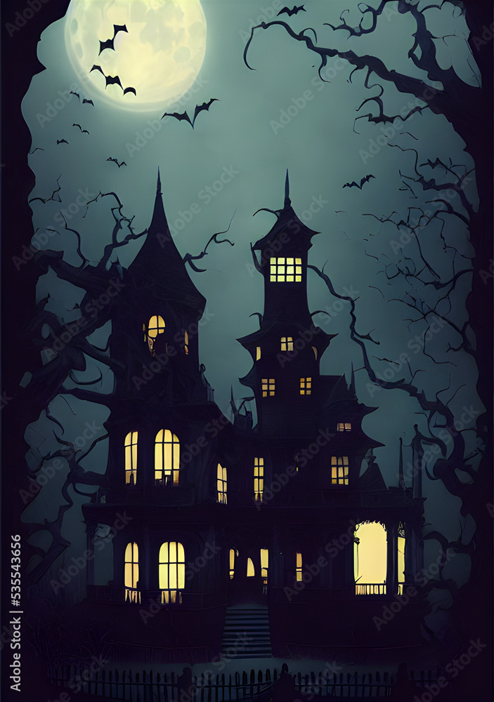 Full moon shines over a creepy haunted house. 