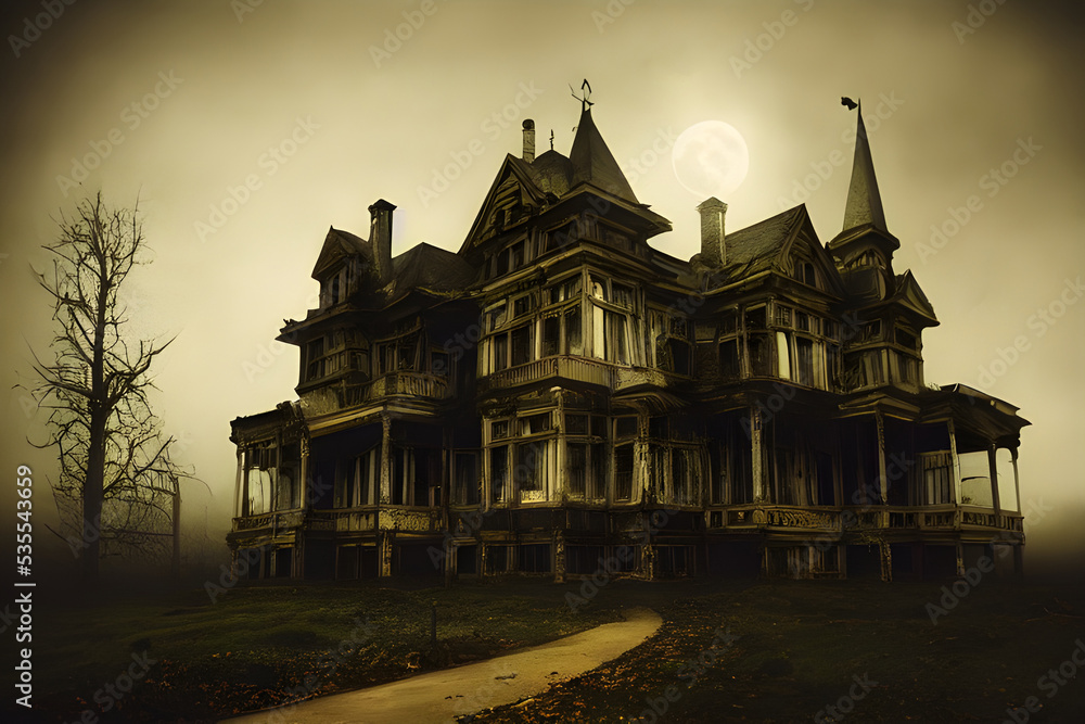 Fototapeta premium Full moon shines over a creepy haunted house. 