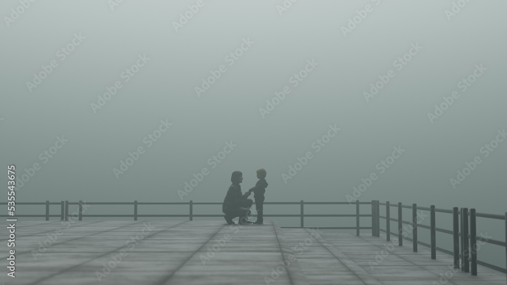 Mother and son standing on balcony holding hands looking at one another in front of fog