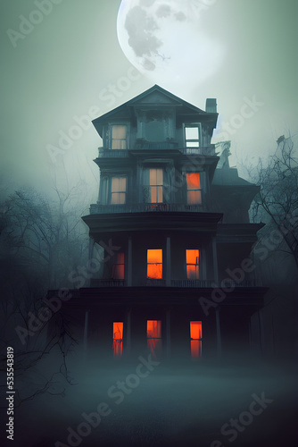 Full moon shines over a creepy haunted house.  © ECrafts