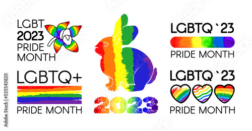 Big set of LGBT Pride Month 2023. Year of the rabbit. Rainbow flag, logos, symbols and stickers. Human rights and tolerance. Vector illustration isolated on white background..LGBTQ community.