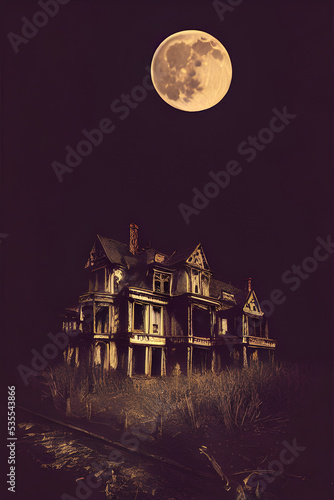 Full moon shines over a creepy haunted house. 