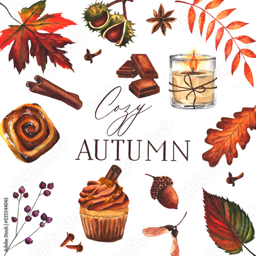 Cozy autumn watercolor clipart. Foliage, plants, food, berries and candle fall attributes illustration.