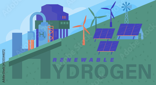Green hydrogen production. Renewable energy source. Vector illustration