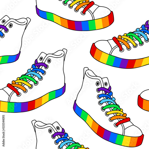 Seamless pattern with sneakers with rainbow laces and soles. Vector modern flat illustration.