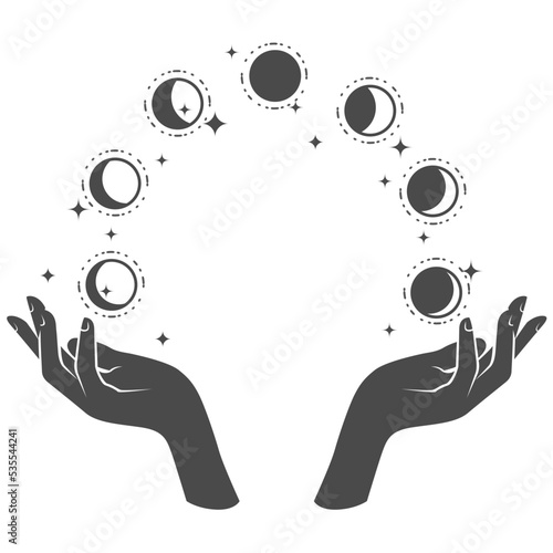 Hands juggling with phases of the Moon, divination magic of lunar phase, vector