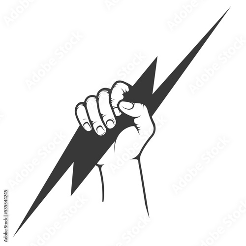 Hand with lighting bolt, anger, electricity and power symbol, authority thunder sign, vector