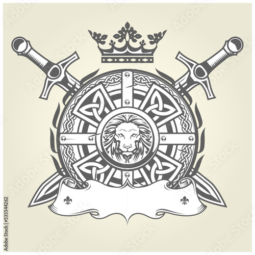 Medieval royal crest with knight armor, ornate shield, crown and crossed, heraldic coat of arms with banner, vector
