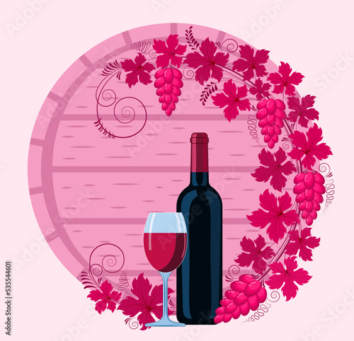 A barrel, a bottle and a glass of red wine against the background of a pattern of branches of leaves and bunches of grapes. The concept of making and selling wine. Wine list design element for cafe an