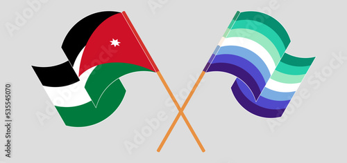 Crossed and waving flags of Jordan and gay men pride