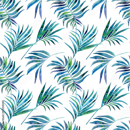 Watercolor tropical palm leaves illustration seamless pattern. On white background. Hand-painted. Floral elements, palm leaves. © Nataliia