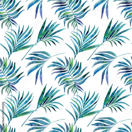 Watercolor tropical palm leaves illustration seamless pattern. On white background. Hand-painted. Floral elements  palm leaves.