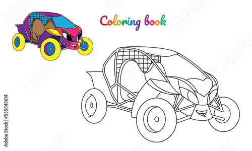 Cartoon buggy car for boys. Small funny vector cute vehicle with eyes and mouth. Comic character for kids on white background. Coloring page for children, color and linear illustration.