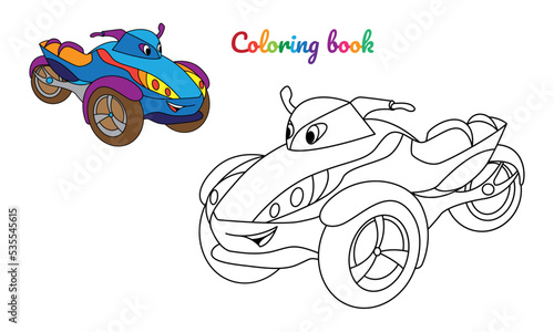 Cartoon tricycle for boys. Small funny vector cute vehicle with eyes and mouth. Comic character for kids on white background. Coloring page for children, color and linear illustration.