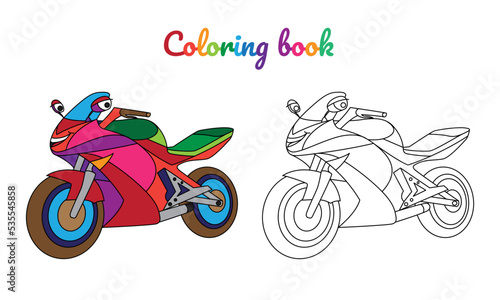 Cartoon motorbike for boys. Small funny vector cute vehicle with eyes and mouth. Comic character for kids on white background. Coloring page for children, color and linear illustration.