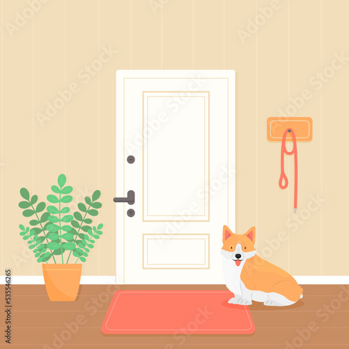 A welsh corgi dog is waiting for a walk. The dog is sitting in the hallway by the door. Vector pet illustration.
