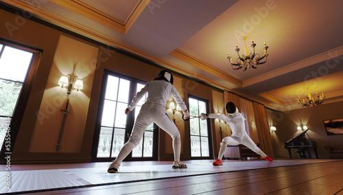 Two female fencing athletes fight in old fencing hall photo