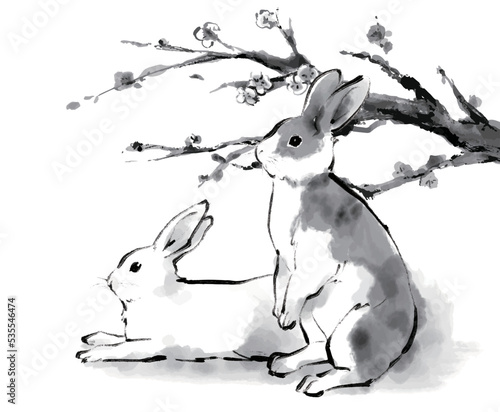 うさぎと梅の木の水墨画イラスト　モノクロ　卯年　兎　梅　年賀状