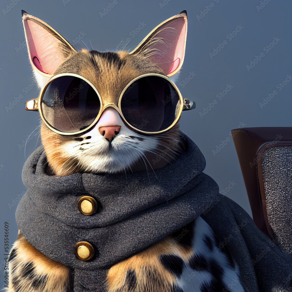 chic cat charisma wearing coat, wearing sunglasses, funny, fashion