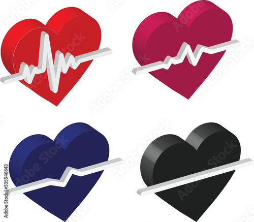 Isometric heart shape and 3d Illustration heartbeat line and ECG - EKG signal set  photo