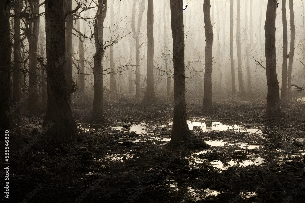 Fototapeta premium A foggy swamp. Dark and mysterious. 