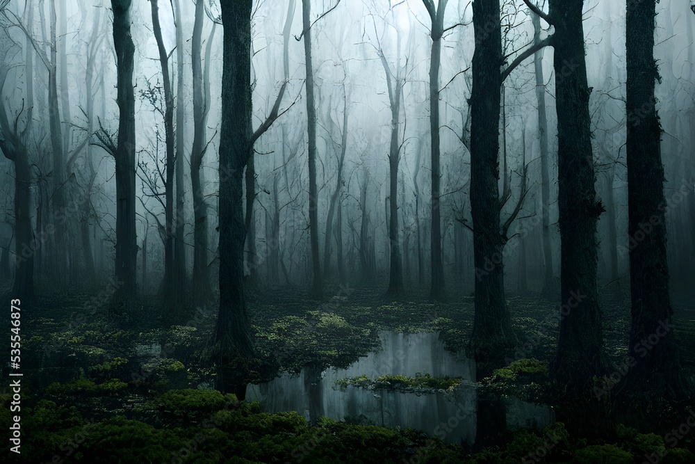 Obraz premium A foggy swamp. Dark and mysterious. 