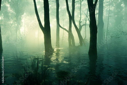 A foggy swamp. Dark and mysterious. 