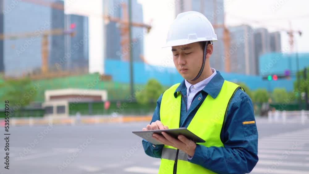 young man technician works with tablet in construction site near modern building young man technician works with tablet in construction site near modern building