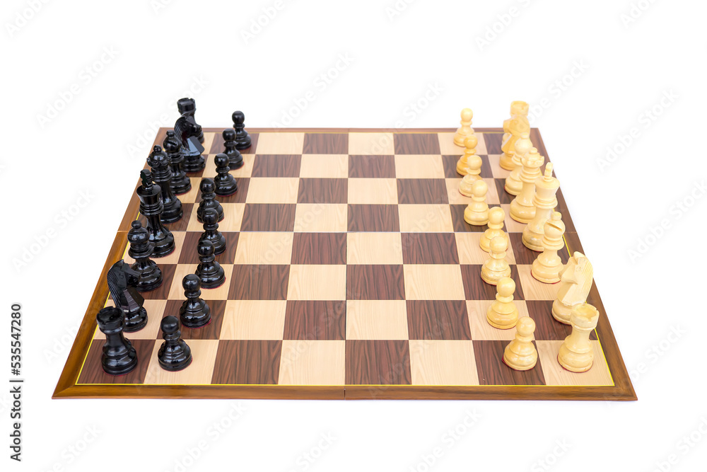 Chessboard and wooden chess figures on white background Chessboard and wooden chess figures on white background