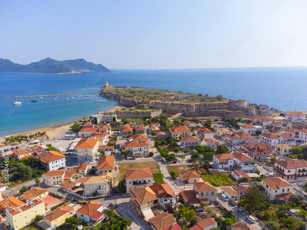 Aerial drone view of Methoni village in Messenia, Peloponnese, Greece. 