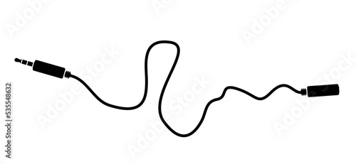 Cartoon audio jack plug, 35 mm. Stereo audio cable, jack connector. Vector music sound note. Audio element or tools. Plug wire logo or symbol. Wave line pattern.
