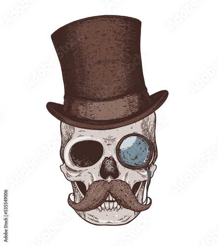 Human skull with mustache hand drawn illustration. Cylinder hat on the skull. Tattoo vintage print. Retro skull illustration. Vector print.