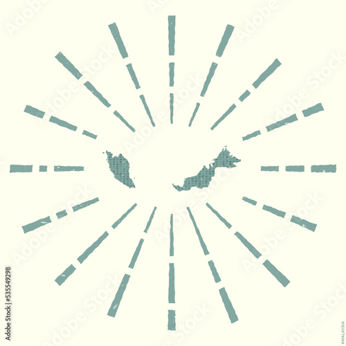 Malaysia Logo. Grunge sunburst poster with map of the country. Shape of Malaysia filled with hex digits with sunburst rays around. Authentic vector illustration.