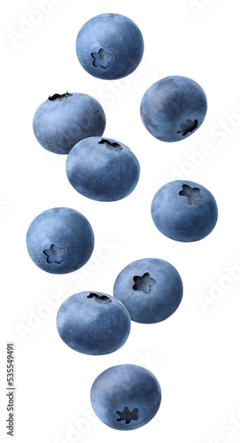 Collection of various falling fresh ripe blueberries isolated on white background