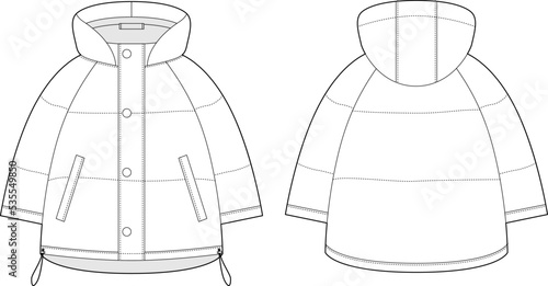 Oversized raglan puffer winter down coat technical sketch. Women's quilting jacket design template. Children's outerwear mock up.