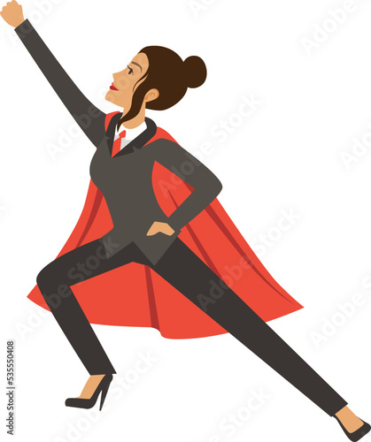 Superhero business woman in confident action pose and red cape