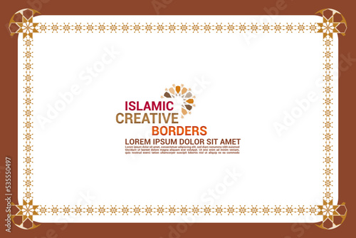 Ornamental border, frame with seamless oriental arabesque shapes and patterns (Vector Arabic, Islamic and Geometric style with seamless border). Place for text for invitations and greeting cards.