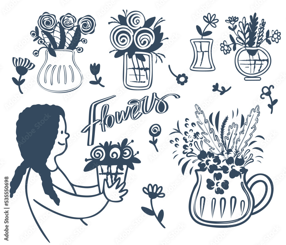 A woman with flowers in vases.