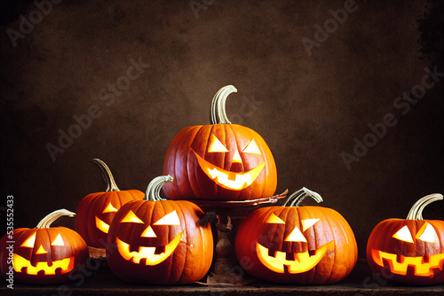 carved pumpkins or jack-o-lanterns at night Halloween