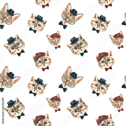  Watercolor cat pattern, cute fabric design for kids, white background seanpless pattern, scrapbooking,wallpaper,wrapping, gift,paper, for clothes, children textile,digital paper, repeating background